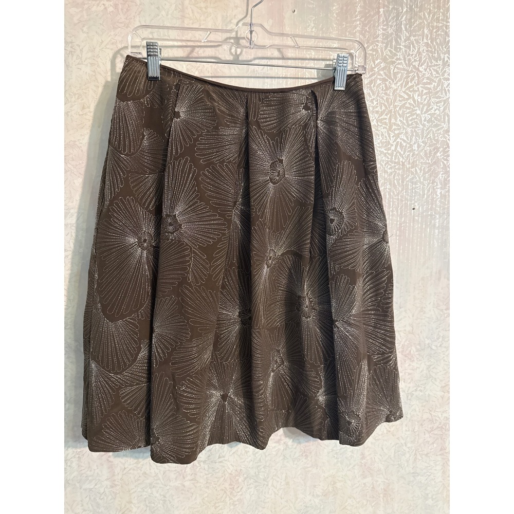 Talbots Petites Brown Pure Silk Metallic Silver Floral Sunburst Pleated Skirt 6P